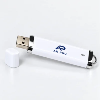 Mô phỏng monogram AP và chữ AN PHU xanh đậm trên USB vỏ trắng