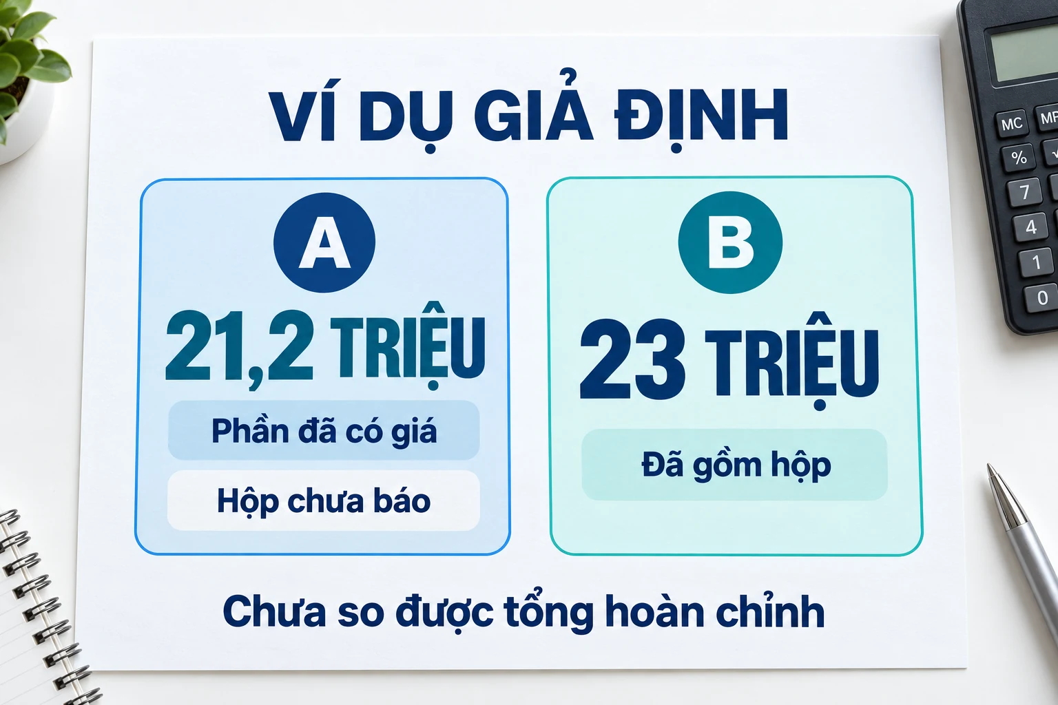 Ví dụ giả định A21,2triệu phần đã có giá nhưng hộp chưa báo, B23triệu đã gồm hộp