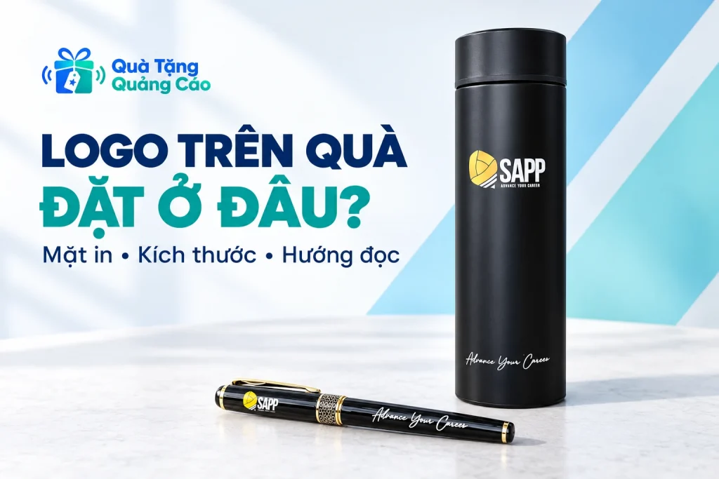 Bình đen và bút mang hình in SAPP cùng tiêu đề logo trên quà đặt ở đâu