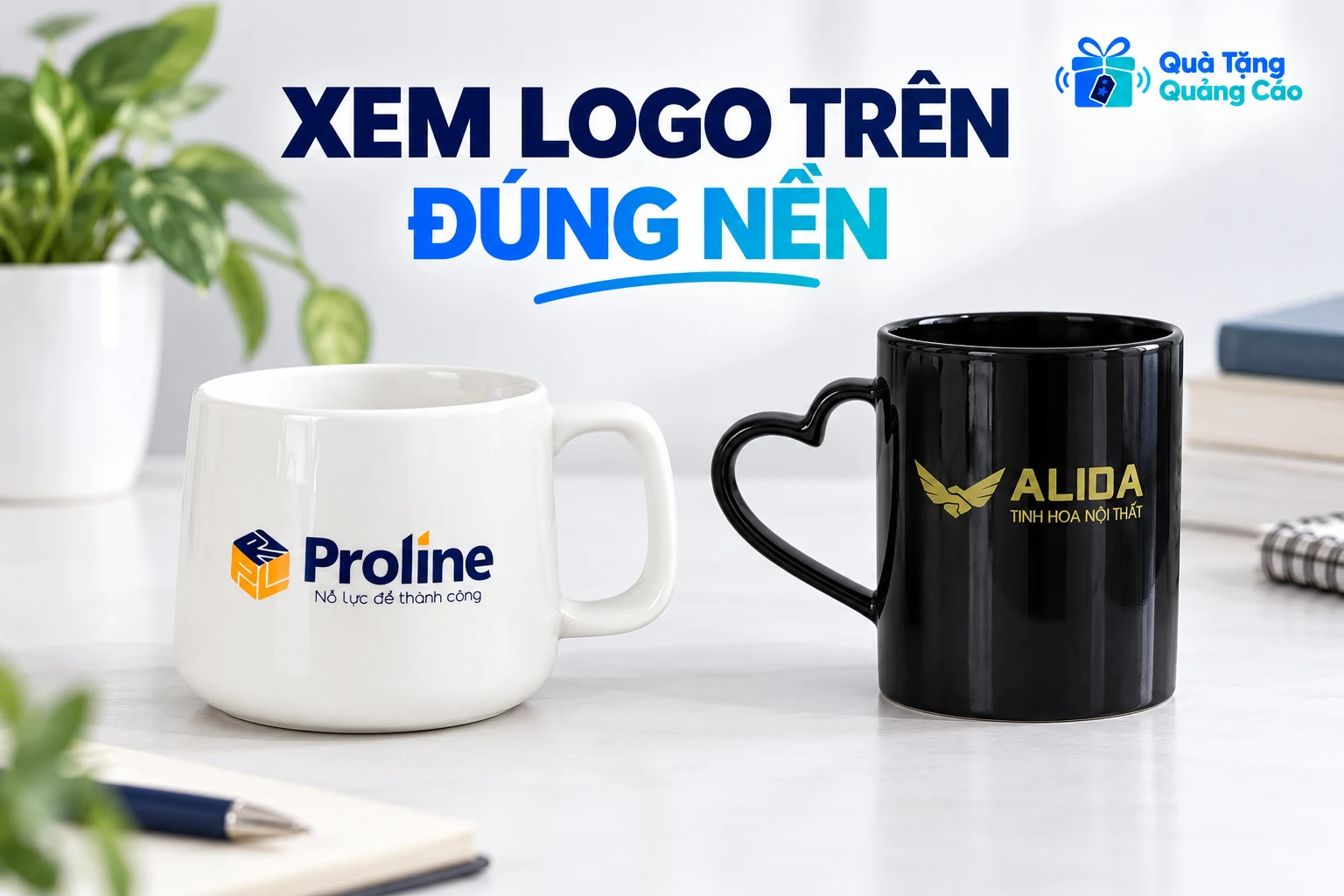 Logo trên cốc trắng và cốc đen được xem theo đúng mẫu nền và kiểu quai