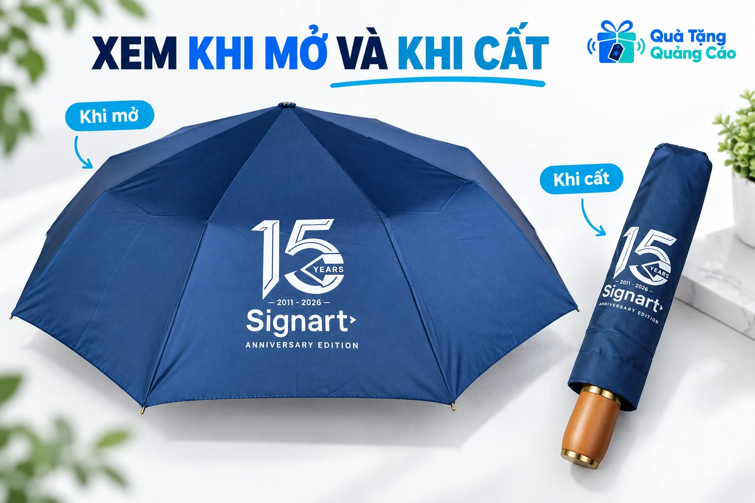 Tán ô Signart khi mở đặt cạnh mẫu ô trong bao theo ảnh nguồn