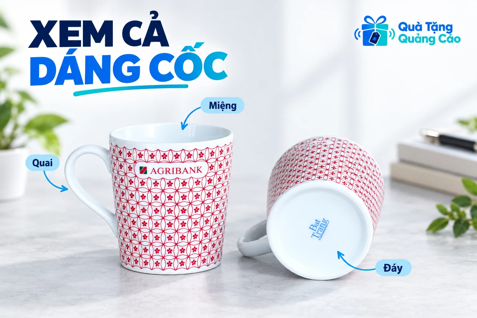 Hai cốc họa tiết AGRIBANK cho thấy quai, miệng và phần đáy đang nhìn thấy trong nguồn