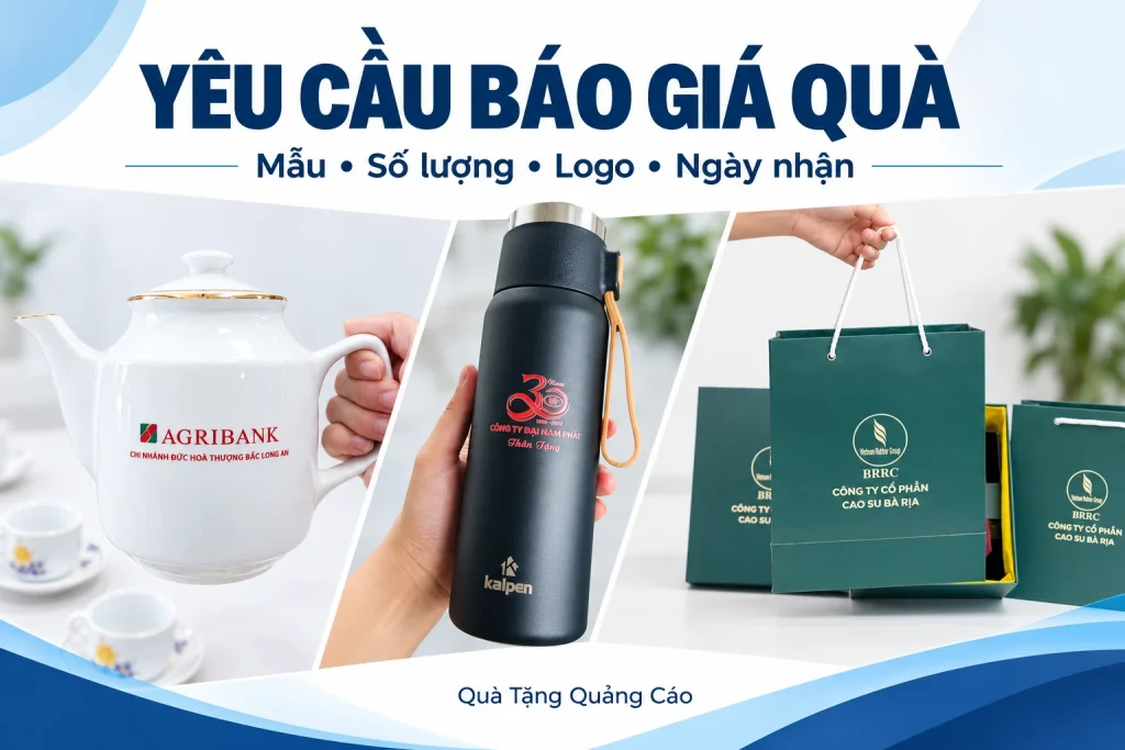 Ảnh ghép ấm Agribank, bình Kalpen và bao gói BRRC cạnh tiêu đề yêu cầu báo giá